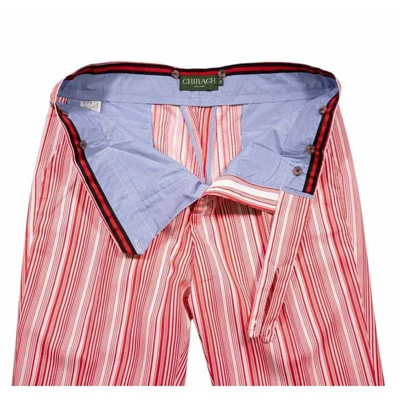 Mens Gurkha Pants 38 Red White Striped Cotton Trousers Straight Fit Flat Front